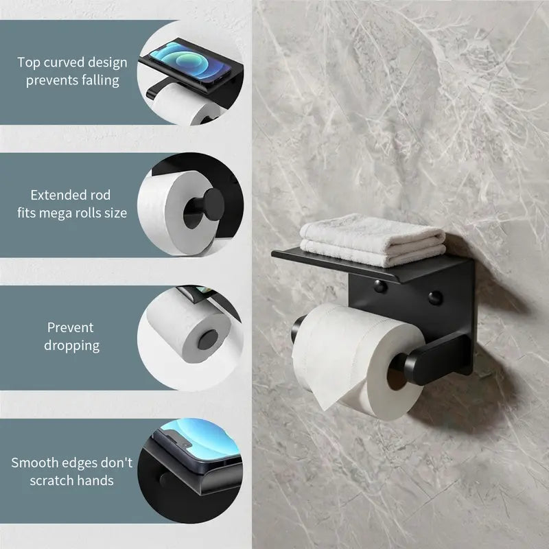 DGAPHRO Black Toilet Paper Holder with Shelf Rustproof Stainless Steel, Adhesive or Screw Wall Mount for Easy Installation, Toilet Tissue Holder for Bathroom,Washroom, Kitchen,RV.