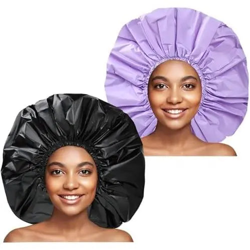 Women's Super Large Waterproof Dustproof Durable Shower Cap Set (2 Count) - Elastic, Black, White, for Adults' Long Thick Curly Hair, Locs, Twist Braids, Blocks Oily Fumes