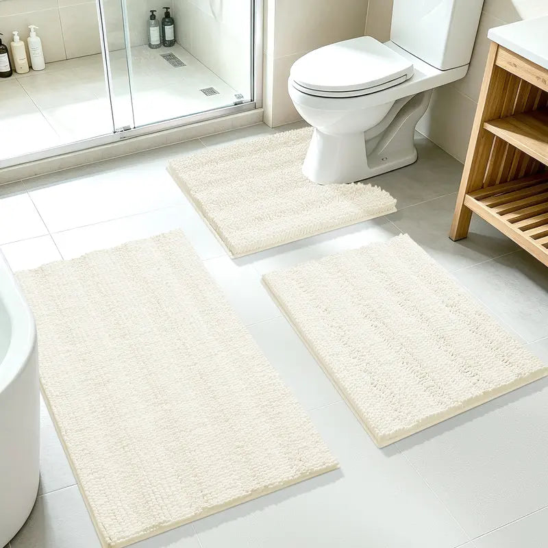 ACCUMTEK 3-Piece Soft Striped Rectangle Chenille Bathroom Rug Set - Stays Put PVC Grip, Absorbent, Plush Texture Shaggy Weave, Machine Washable for Easy Upkeep, Bathroom Accessory, High Pile