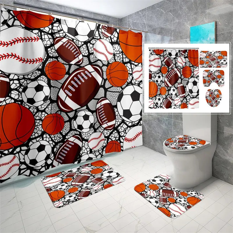 Boys' 4-Piece Washable Polyester Printed Bathroom Shower Curtain Sets - Quick Dry, Includes Shower Curtain, Toilet Seat Cover, Matching Hooks, for Daily Bath Set Decor, Four Piece