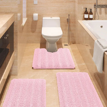 Comfydew Striped 3-Piece Non-Slip Chenille Bathroom Rug Set, Non-Slip PVC Backing Adds Safety, Ultra Soft Deep Pile Soak Absorbent Shaggy Mats for Bathroom Floor, Bedroom