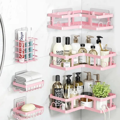PHANCIR 6 PCS Corner Shower Caddy, No Drilling Stainless Steel Shower Storage Rack with Hooks & Toothpaste Holder for Bathroom, Pink