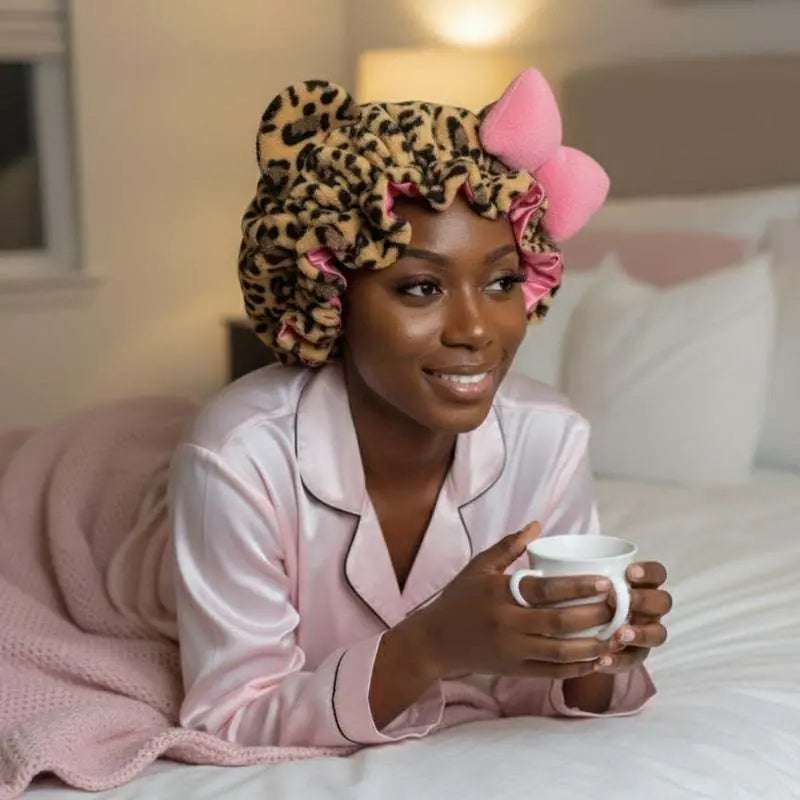Super Absorbent Quick Dry Hair Cap, Face Wash Spa Leopard Print Cat Ear Headband, Quick Dry Hair Cap Soft Sleep Hat, Bowknot Hair Band for Makeup Skincare Multi-Function Headband Sleep Hat for Bath Spa