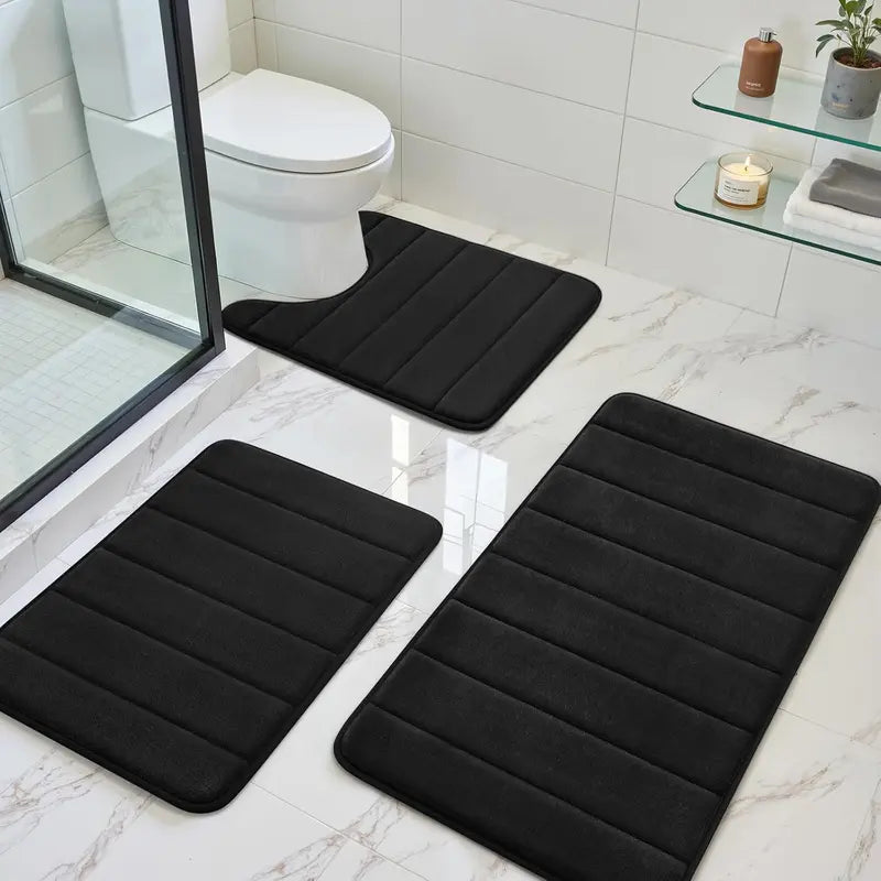 Black Polyester 3-Piece Bathroom Rug Combo Set - Thick, Slip-Safe PVC, Stable PVC Backing, Extra Soft, Absorbent, Machine Washable, 20"x24" Rectangular Bathroom Floor Mat, U-Shaped Toilet Area Cover, Synthetic Memory Foam