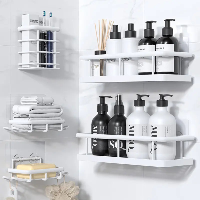 Black Wall-Mounted Steel Shower Organizer Rack Set (2pcs/5pc Black), Bathroom Decor with Tempered Glass Removable Floating Shelves, No-Drill Self-Adhesive Baskets, Hollow Drain, Rustproof Lightweight Easy-Clean Home Bathroom Supplies, Different Sizes