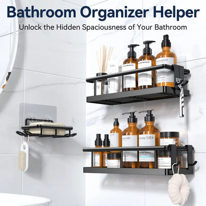 Black Wall-Mounted Steel Shower Organizer Rack Set (2pcs/5pc Black), Bathroom Decor with Tempered Glass Removable Floating Shelves, No-Drill Self-Adhesive Baskets, Hollow Drain, Rustproof Lightweight Easy-Clean Home Bathroom Supplies, Different Sizes