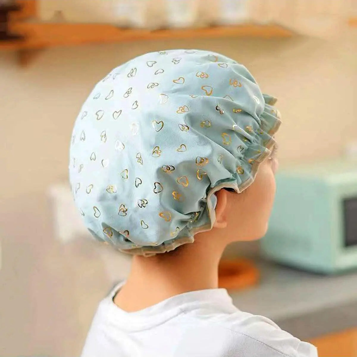 Double Layer Bathing Cap, 1 Count Heart Pattern Waterproof Shower Cap for Women & Girls, Bathroom Supplies for Home Use, Shower Essentials, Bathroom Accessory, Home Goods