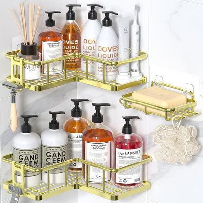 Black Wall-Mounted Steel Shower Organizer Rack Set (2pcs/5pc Black), Bathroom Decor with Tempered Glass Removable Floating Shelves, No-Drill Self-Adhesive Baskets, Hollow Drain, Rustproof Lightweight Easy-Clean Home Bathroom Supplies, Different Sizes