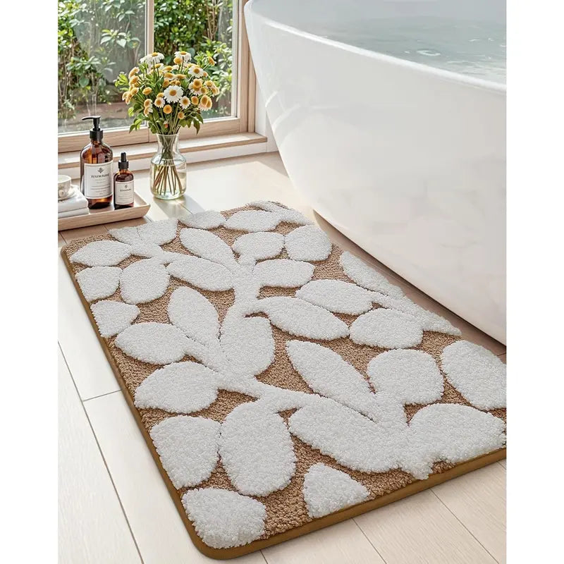 DEXI Traditional Rectangle Bathroom Rug Set - 20x32in Cozy Microfiber Bath Mat with Anti-Slip Pad, Highly Absorbent, Stops Floor Bunching, Durable, Cold-Washable, Easy-Clean, Quick-Dry (Prints: Green Leaf/Pink Flower/Beige)