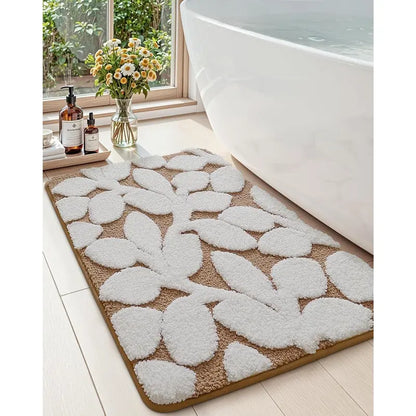DEXI Traditional Rectangle Bathroom Rug Set - 20x32in Cozy Microfiber Bath Mat with Anti-Slip Pad, Highly Absorbent, Stops Floor Bunching, Durable, Cold-Washable, Easy-Clean, Quick-Dry (Prints: Green Leaf/Pink Flower/Beige)