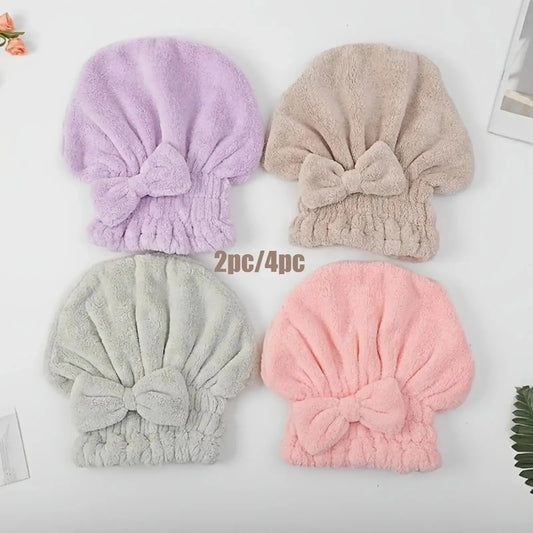 Women Bath Set With Bowknot Decor Shower Cap & Hair Drying Bonnet, Soft Super Absorbent Reusable Microfiber Hair Towel Wrap, Daily Household Personal Hair Care Supplies