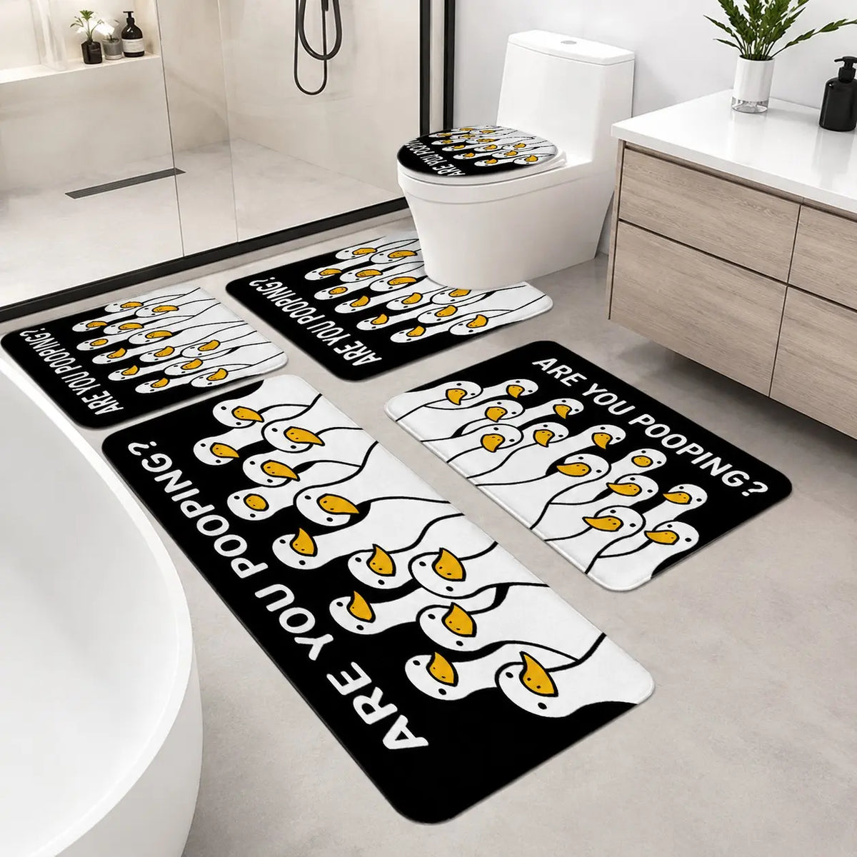 3/5Pcs Goose Bathroom Rugs Set, Nonslip Bathroom Rugs, Absorbent Bathroom Mats, Are You Pooping Quote Print Bath Mat Set, Non Slip Absorbent Washable Floor Runner, U Shaped Toilet Mat & Lid Cover, Bathroom Humor Decor For Home