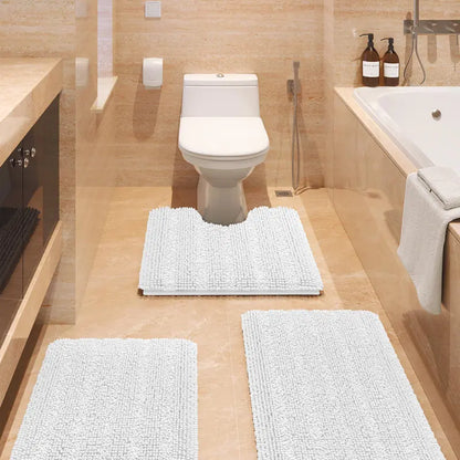 Comfydew Striped 3-Piece Non-Slip Chenille Bathroom Rug Set, Non-Slip PVC Backing Adds Safety, Ultra Soft Deep Pile Soak Absorbent Shaggy Mats for Bathroom Floor, Bedroom