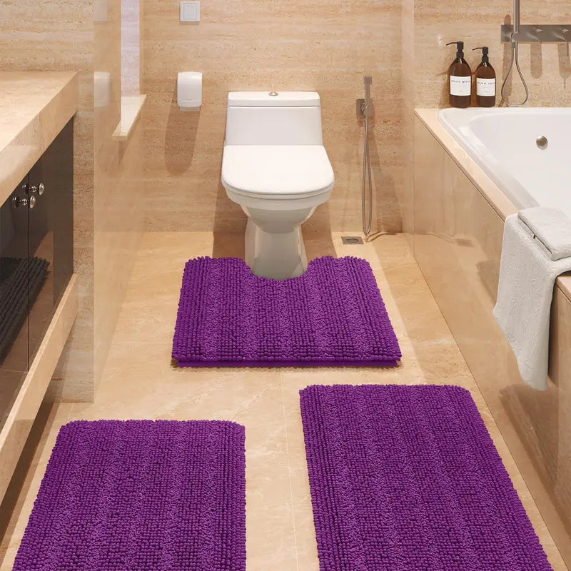 Comfydew Striped 3-Piece Non-Slip Chenille Bathroom Rug Set, Non-Slip PVC Backing Adds Safety, Ultra Soft Deep Pile Soak Absorbent Shaggy Mats for Bathroom Floor, Bedroom