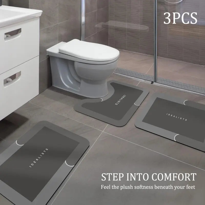 Geometric 3-Piece Modern Soft Diatomite Bathroom Rug Set, Non-Slip Square Rubber Floor Mat, U-Shape Toilet Mat, Quick-Dry Absorbent for Bathroom Home Decor, Diatomite Bathroom Mat