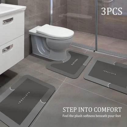 Geometric 3-Piece Modern Soft Diatomite Bathroom Rug Set, Non-Slip Square Rubber Floor Mat, U-Shape Toilet Mat, Quick-Dry Absorbent for Bathroom Home Decor, Diatomite Bathroom Mat
