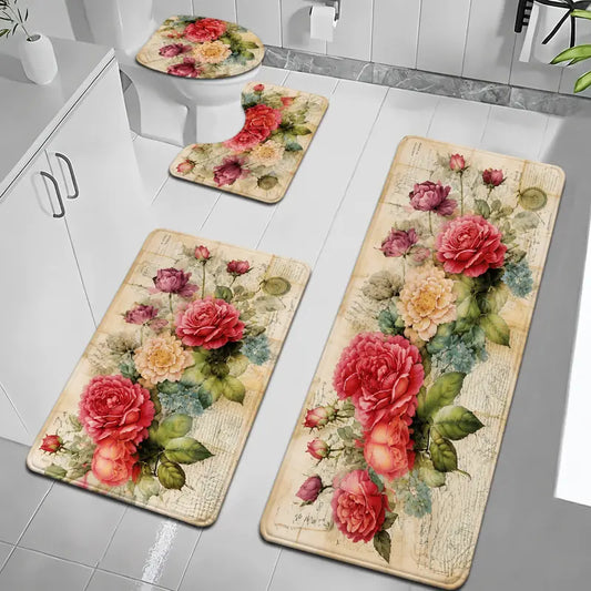 3/4 Pieces Vintage Pink Rose Floral Bathroom Rug Set, Shabby Chic Non Slip Bath Mat, Soft Absorbent Microfiber Bathroom Mats with Toilet Lid Cover for Bathroom, Shower, Tub