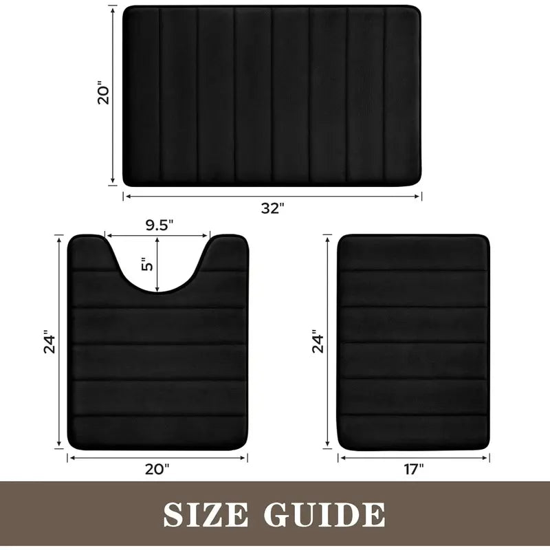 Black Polyester 3-Piece Bathroom Rug Combo Set - Thick, Slip-Safe PVC, Stable PVC Backing, Extra Soft, Absorbent, Machine Washable, 20"x24" Rectangular Bathroom Floor Mat, U-Shaped Toilet Area Cover, Synthetic Memory Foam