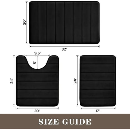 Black Polyester 3-Piece Bathroom Rug Combo Set - Thick, Slip-Safe PVC, Stable PVC Backing, Extra Soft, Absorbent, Machine Washable, 20"x24" Rectangular Bathroom Floor Mat, U-Shaped Toilet Area Cover, Synthetic Memory Foam