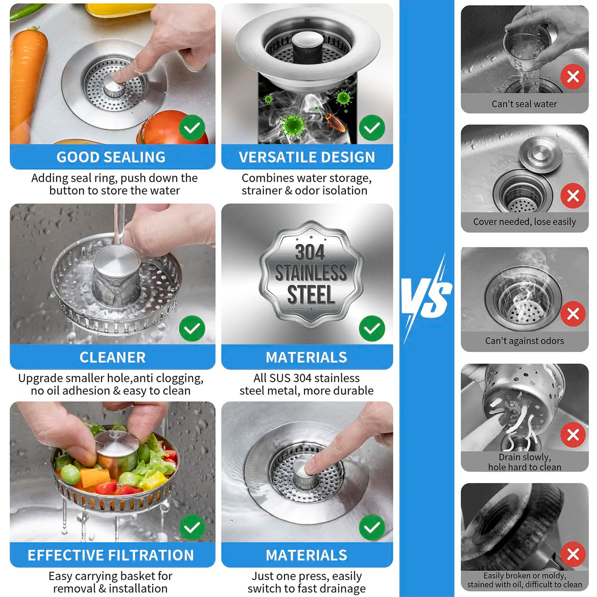 3 in 1 Kitchen Sink Drain Strainer, Stainless Steel Sink Stopper, Anti-clogging Drainage Odor Filter Sink Plug for US Standard 3 1/2 Inch Drain, Home Goods