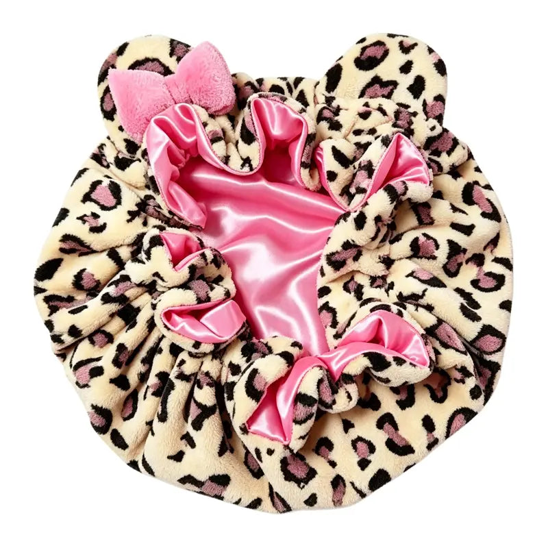 Super Absorbent Quick Dry Hair Cap, Face Wash Spa Leopard Print Cat Ear Headband, Quick Dry Hair Cap Soft Sleep Hat, Bowknot Hair Band for Makeup Skincare Multi-Function Headband Sleep Hat for Bath Spa
