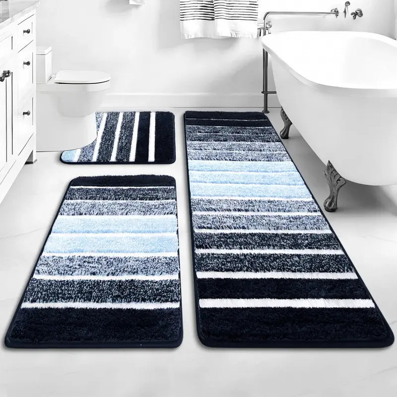 [SeptemberStockUp] HEBE Boho 3-Piece Washable Shaggy Bath Rugs Set, Non-Slip Stays Put Grip Absorbent Microfiber Mats with U-Shaped Contour Toilet Rug, Traditional Look Aztec Western Carpet for Tub/Shower Indoor Areas