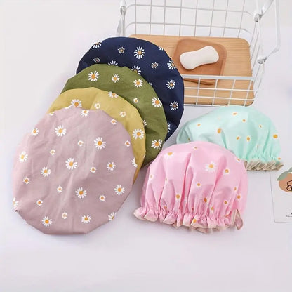 Women's Reusable Double-Layer Floral Shower Cap - Adult, One Size, Adjustable Daisy-Print Bonnet with Elastic Band for Hair Protection, Spa Use