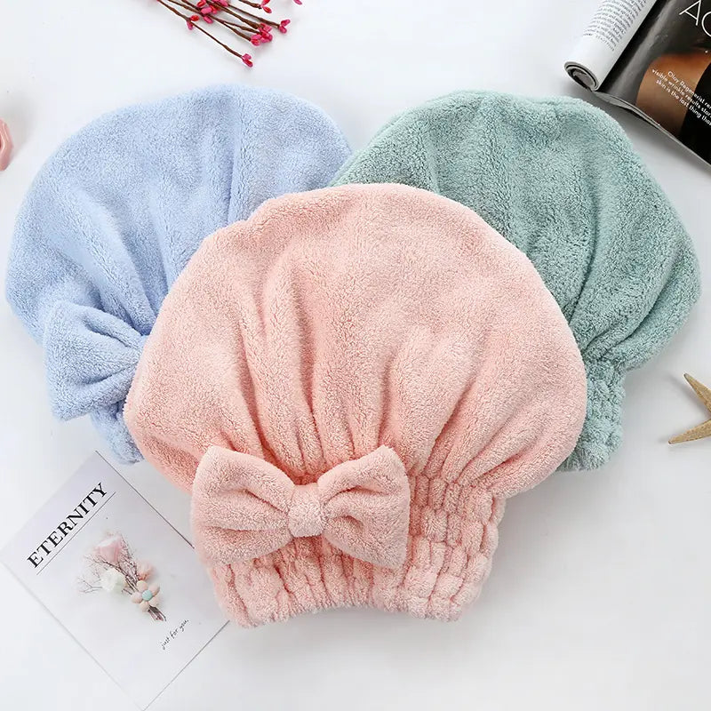 Women Bath Set With Bowknot Decor Shower Cap & Hair Drying Bonnet, Soft Super Absorbent Reusable Microfiber Hair Towel Wrap, Daily Household Personal Hair Care Supplies