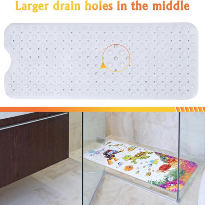 1pc Baby Bath Mat for Tub Kids Cute Fun Bath Mat Non Slip Bathtub Mat Extra Long 40X16 Inch Shower Mat Toddler Anti Slip Bathroom Tub Mat with Suction Cups & Drain Holes (Sea World) Sea Turtles and Divers, Machine Washable, Turtle Diver, Bath Matt
