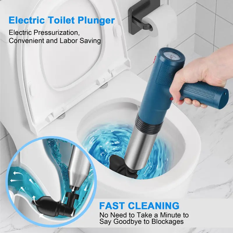 Tormida Stainless Steel Electric Toilet Plunger Clog Remover Kit - Powerful High-Pressure Air Drain Blaster Set with 4 Adapter Heads, Rechargeable Metal Plumbing Tool for Toilets