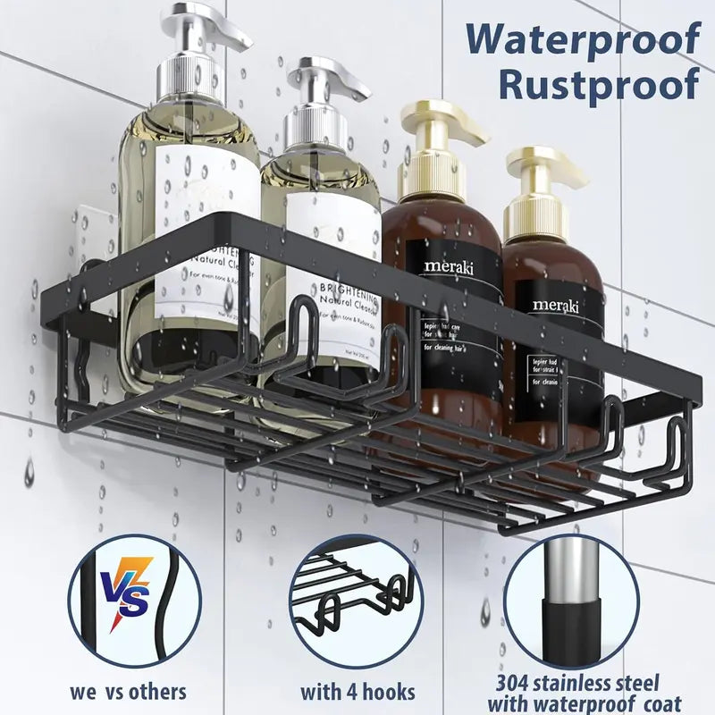 5-Piece Rustproof Stainless Steel Bathroom Organizer Set, No-Drill Self-Adhesive Shower Organizer with Holder & Shelf for Shampoo & Body Wash, Renter-Friendly Bathroom Accessory with Easy Installation