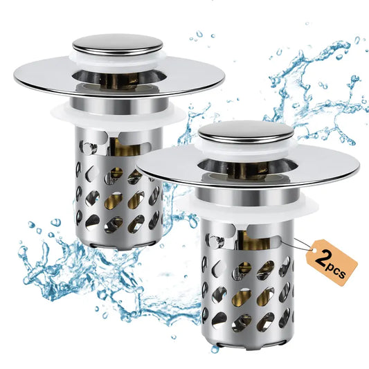 Bathroom Sink Stopper 2 in1, Pop Up Drain Strainer with Removable Stainless Steel Hair Catcher, Brass Core, Chrome Finish, Universal Fit 1.1-2.36 in