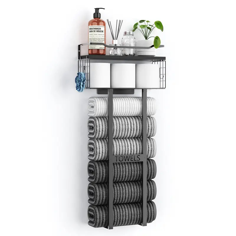Wall Mounted Towel Rack with Floating Shelf, Black Metal Bathroom Towel Storage Organizer, Holds 6+ Rolled Towels, Multi-Purpose Towel Holder for Small Bathrooms accessories, Spa & Guest Rooms
