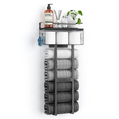 Wall Mounted Towel Rack with Floating Shelf, Black Metal Bathroom Towel Storage Organizer, Holds 6+ Rolled Towels, Multi-Purpose Towel Holder for Small Bathrooms accessories, Spa & Guest Rooms