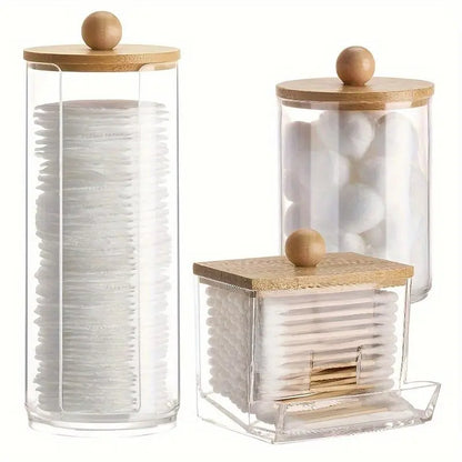 Clear Storage Jar with Wooden Lid, 3 Counts/1 Set Cotton Swab Storage Box, Bathroom Storage Container for Cotton Swab, Cotton Ball, Floss Picks