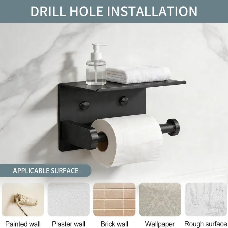 DGAPHRO Black Toilet Paper Holder with Shelf Rustproof Stainless Steel, Adhesive or Screw Wall Mount for Easy Installation, Toilet Tissue Holder for Bathroom,Washroom, Kitchen,RV.