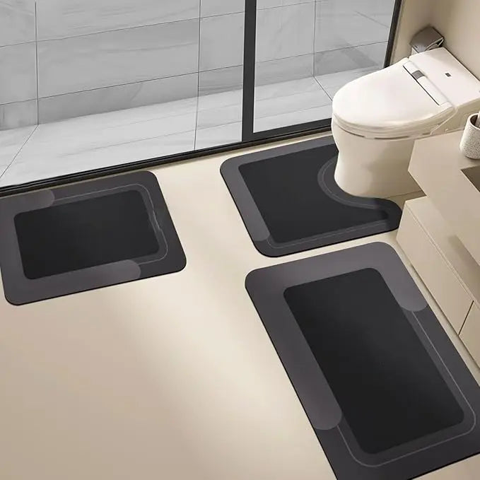 Housego 3PCS Diatomite Bath Mat Set - Absorbent, Quick Drying, Anti-Slip Rubber Backed, Soft Comfortable, Easy Clean for Bathtub, Sink, Kitchen - Fiber-Free, Fast Water Soak, Machine Washable, Silicone Black