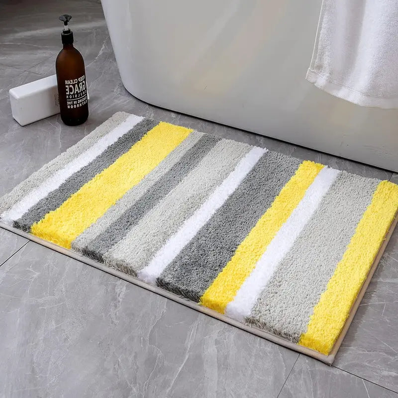 Home Supplies Striped Microfiber-Rubber Rectangle Fluffy Bath Mat, 16x24 in Yellow-Grey, Non-Slip Rubber, Absorbent, Soft Plush, Quick Dry, Machine Washable, Low-Maintenance, Bathroom Tub/Entryway Floor Decor, Stripes