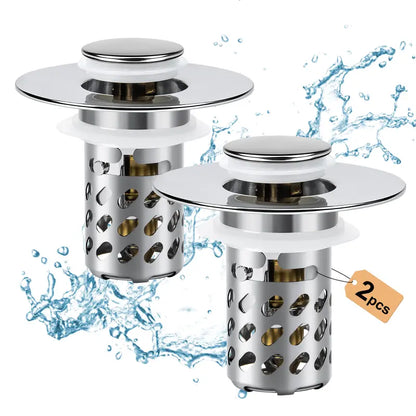 Bathroom Sink Stopper 2 in1, Pop Up Drain Strainer with Removable Stainless Steel Hair Catcher, Brass Core, Chrome Finish, Universal Fit 1.1-2.36 in