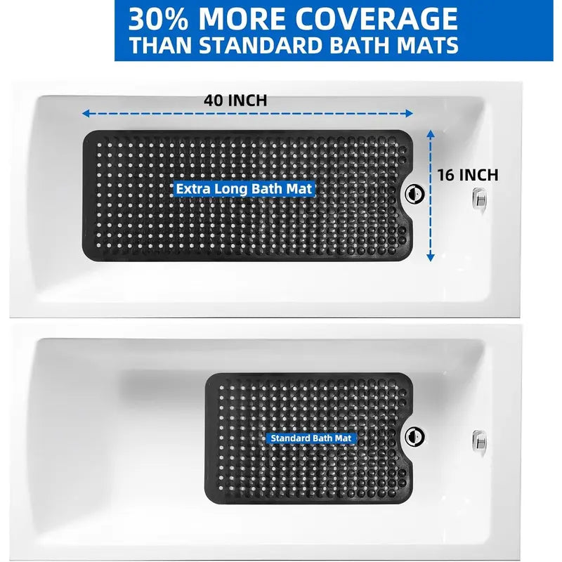 Bath Tub and Shower Mats, Non-Slip 39 x 16 Inch Extra Long Bath Mat, Machine Washable Bathtub Mat with Drain Holes, Suction Cups for Bathroom (Black)