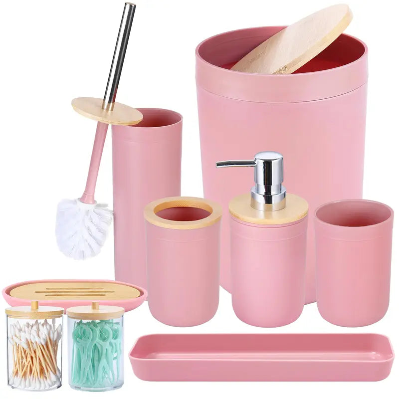 9PCS Durable Multifunctional Plastic Bathroom Sets Full Set - Lightweight Home Accessory Kit for RV, Apartment - Trash Can, Toilet Brush, Toothbrush Holder, Lotion Dispenser, Soap Dish, Cup, Vanity Tray, Qtip Holder - Ideal Dorm Gift
