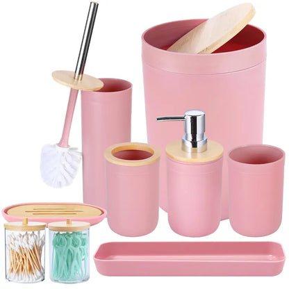 9PCS Durable Multifunctional Plastic Bathroom Sets Full Set - Lightweight Home Accessory Kit for RV, Apartment - Trash Can, Toilet Brush, Toothbrush Holder, Lotion Dispenser, Soap Dish, Cup, Vanity Tray, Qtip Holder - Ideal Dorm Gift
