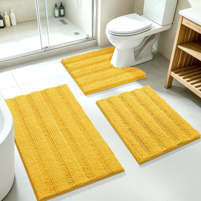 ACCUMTEK 3-Piece Soft Striped Rectangle Chenille Bathroom Rug Set - Stays Put PVC Grip, Absorbent, Plush Texture Shaggy Weave, Machine Washable for Easy Upkeep, Bathroom Accessory, High Pile