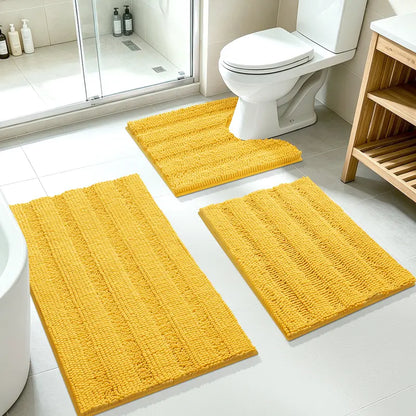 ACCUMTEK 3-Piece Soft Striped Rectangle Chenille Bathroom Rug Set - Stays Put PVC Grip, Absorbent, Plush Texture Shaggy Weave, Machine Washable for Easy Upkeep, Bathroom Accessory, High Pile