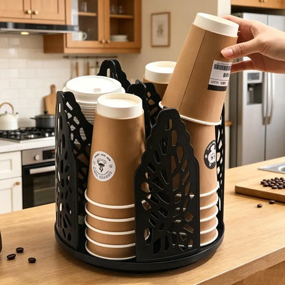360° Spin Coffee Cup Dispenser, Space-Saving Rotating Kit Organizer for Office Desk,Multifunctional Cup Holder, 1 Count 4 Compartment Cup Dispenser, Space Saving Cup Storage Rack, Cup Organizer Suitable for Stacking 10oz, 12oz, 16oz Cups & Lids