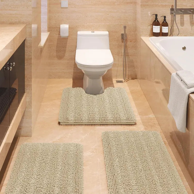 Comfydew Striped 3-Piece Non-Slip Chenille Bathroom Rug Set, Non-Slip PVC Backing Adds Safety, Ultra Soft Deep Pile Soak Absorbent Shaggy Mats for Bathroom Floor, Bedroom