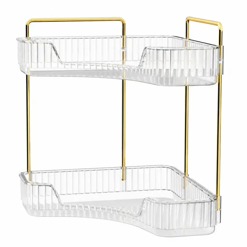 2-Tiers Plastic Corner Bathroom Counter Organizer - Gold Metal Pole Shelves, Makeup Organizer Storage Rack, Cosmetic Perfume Tray Holder for Vanity Sink, Bathroom Gadget, Bathroom Accessories