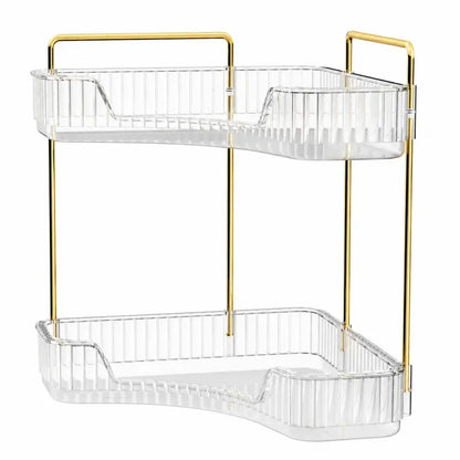 2-Tiers Plastic Corner Bathroom Counter Organizer - Gold Metal Pole Shelves, Makeup Organizer Storage Rack, Cosmetic Perfume Tray Holder for Vanity Sink, Bathroom Gadget, Bathroom Accessories
