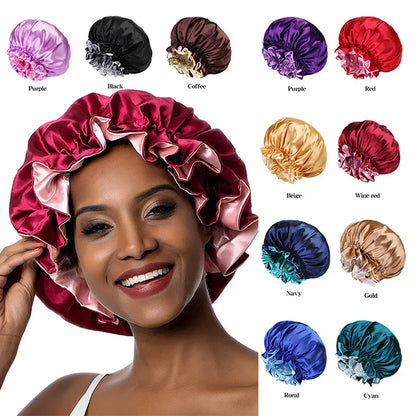 Best-selling large double-layer satin elastic sleep cap, wide-brimmed solid color shower cap, beauty and hairdressing cap