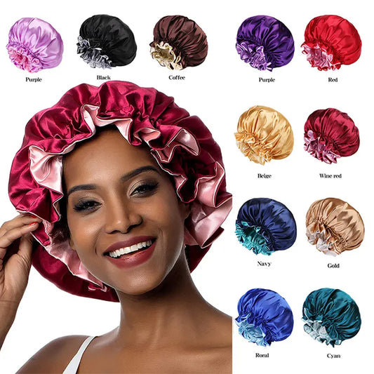 Best-selling large double-layer satin elastic sleep cap, wide-brimmed solid color shower cap, beauty and hairdressing cap